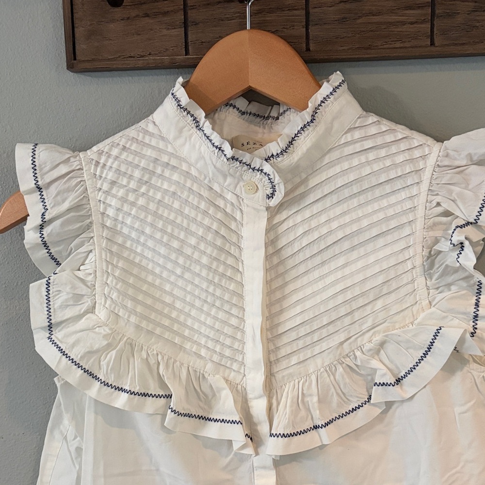 Sezane Ademia White Ruffled embroidered Pintuck Sleeveless Blouse size 4  small - Picture 4 of 8